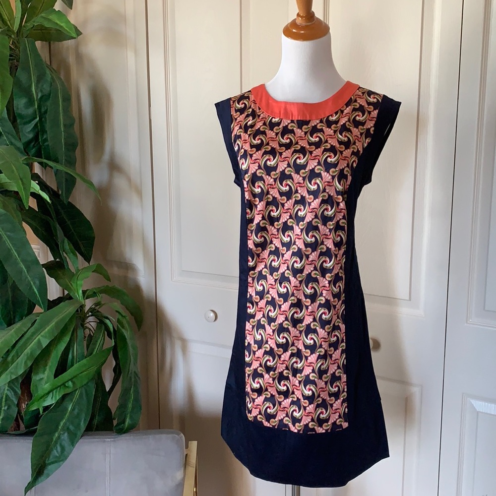 Blue and coral pattern sleeveless dress. Light material, comfy with zipper back